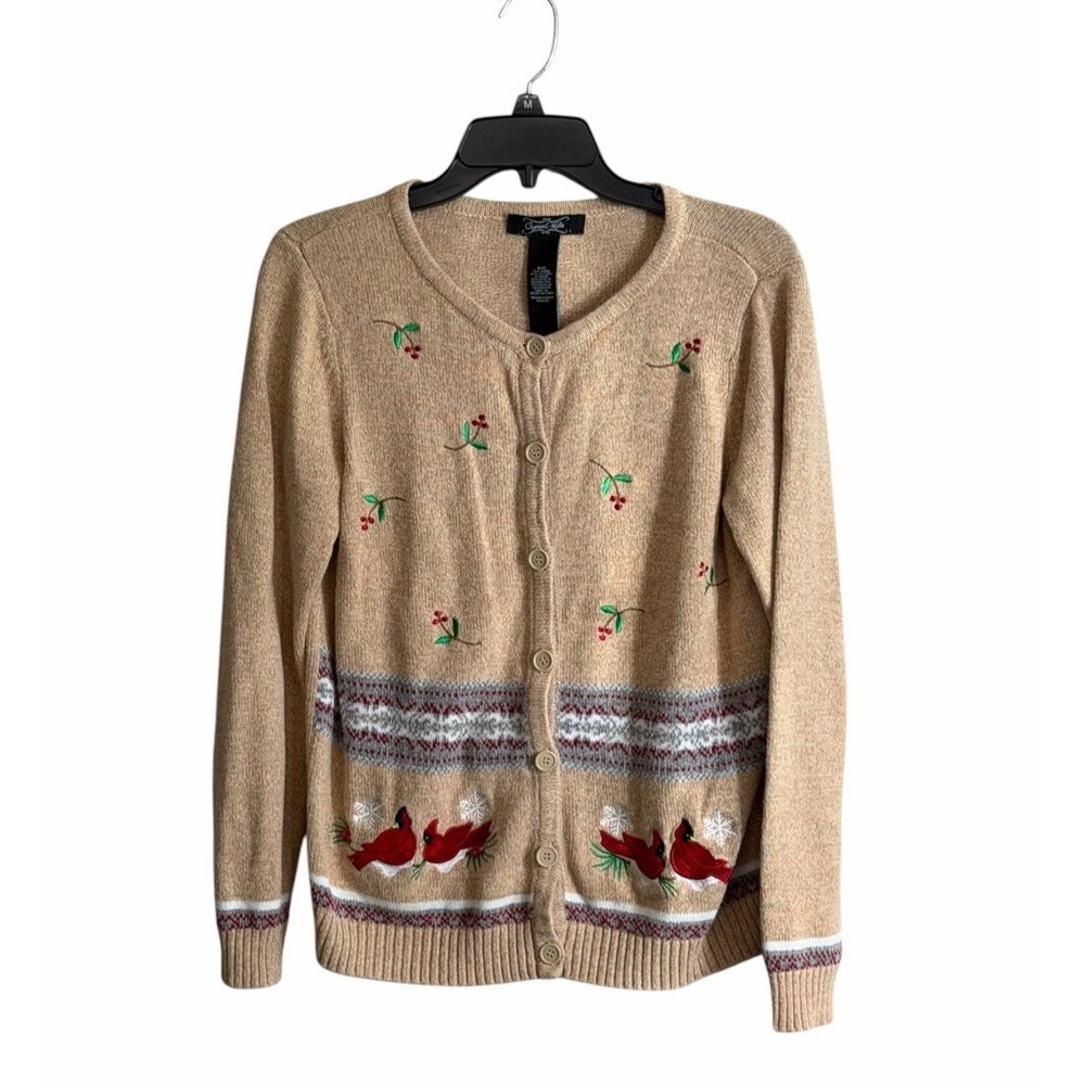 Vtg Crystal Kobe Small Cardigan Sweater Embroidered Cardinal Holiday Granny